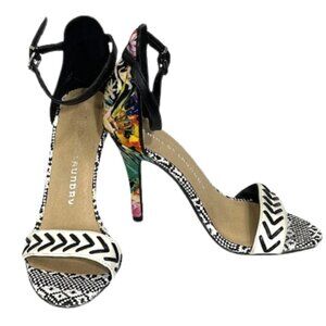 Chinese Laundry black, Aztec and floral strapped high heels NWOT